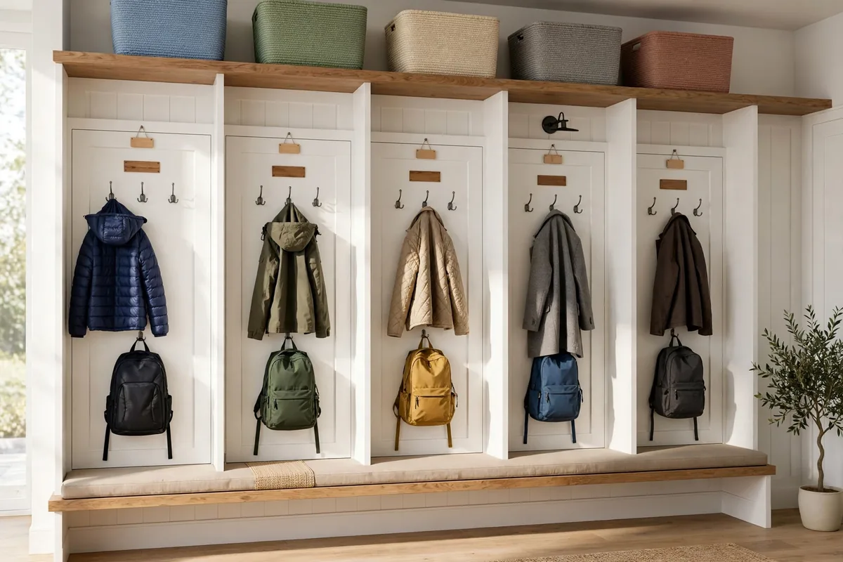 White mudroom lockers with name labels, coat hooks and color-coded baskets for each family member
