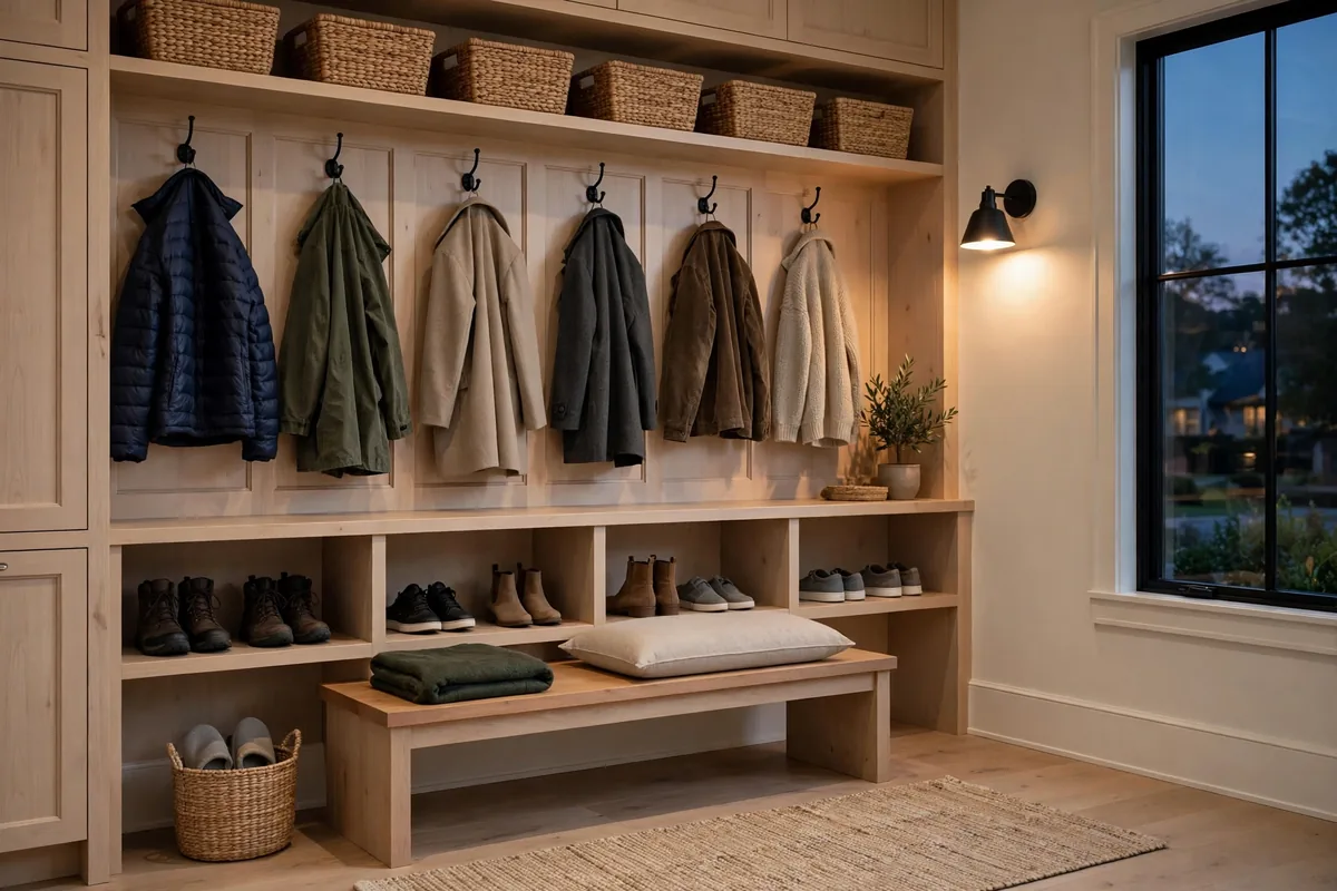 Tidy organized mudroom at dusk with coats hung, shoes paired in cubbies and baskets aligned on shelves