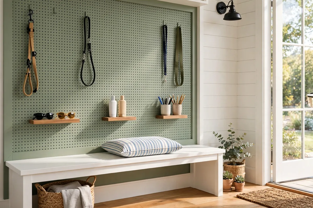 Sage green pegboard panel in a mudroom with hooks, small shelves and cups for flexible small-item storage