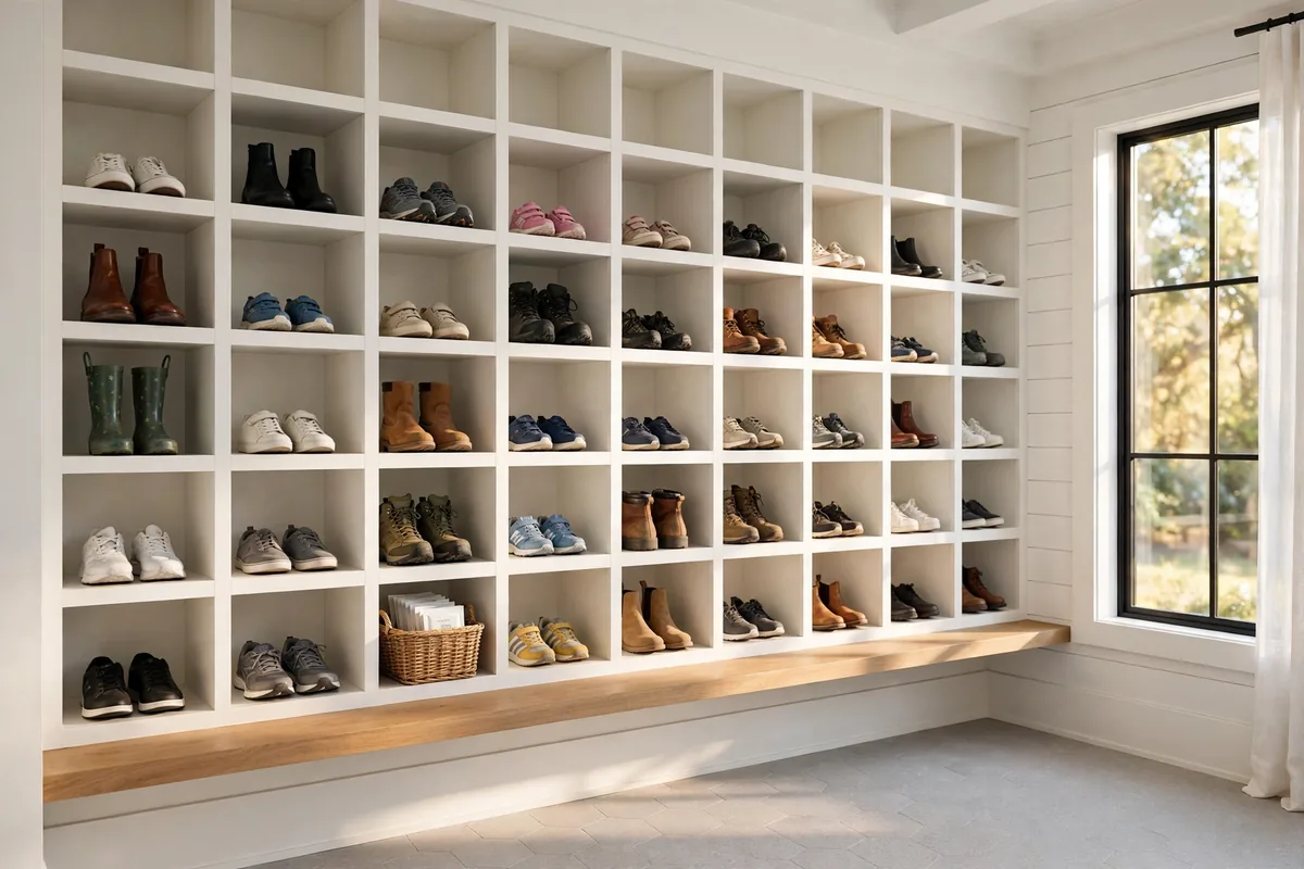 Floor-to-ceiling white shoe cubby wall in a mudroom with neatly arranged shoes in each slot