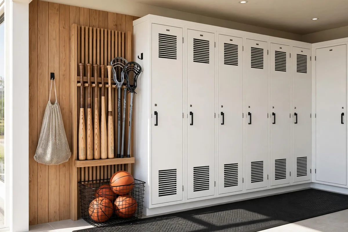 Mudroom sports gear zone with vertical rack for bats and sticks, wire bin of basketballs and hanging mesh bag