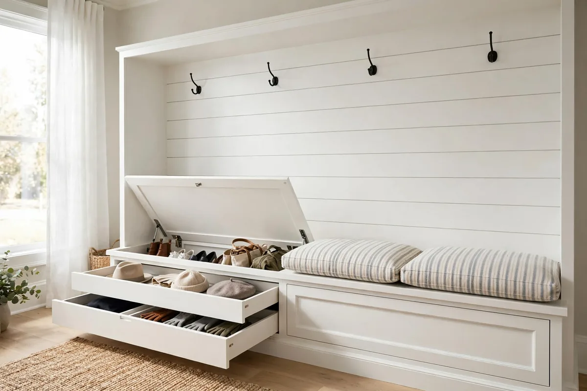 White mudroom storage bench with open lift-up seat revealing shoe storage and pullout drawers