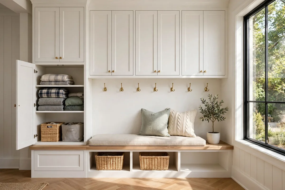 White shaker upper cabinets with brass knobs above mudroom coat hooks for seasonal gear storage