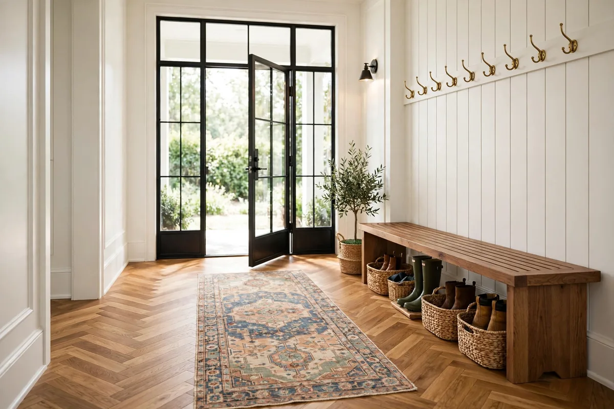 Vintage-style patterned washable runner rug leading from the door to a wooden mudroom bench