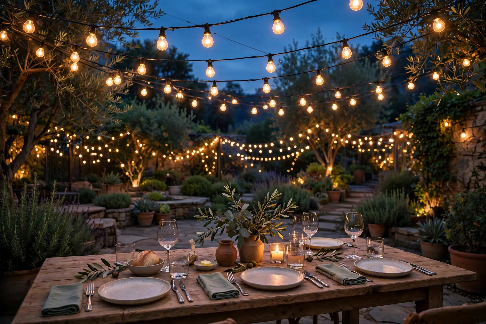 Bistro string lights hung low over an outdoor dining table at dusk.