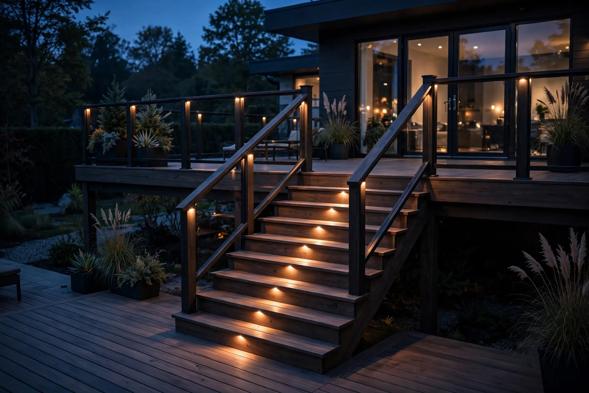 Recessed LED lights glowing in wooden deck stair risers and railing posts at night.