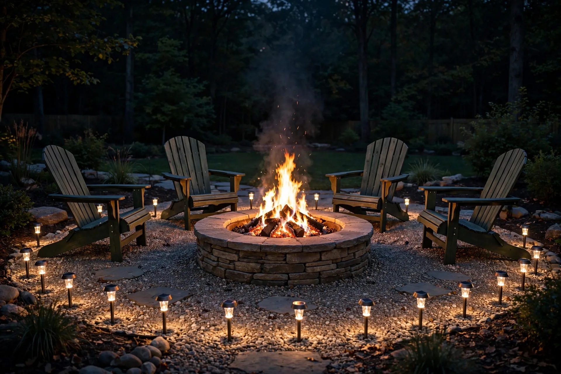 Solar stake lights ringing a stone fire pit seating area in a dark backyard.
