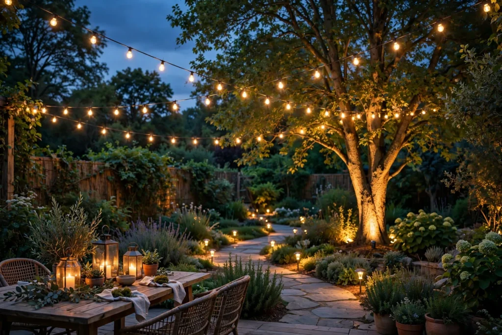 Warm string lights, path lights, lanterns and uplighting glowing in a backyard garden at dusk.
