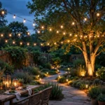 Warm string lights, path lights, lanterns and uplighting glowing in a backyard garden at dusk.