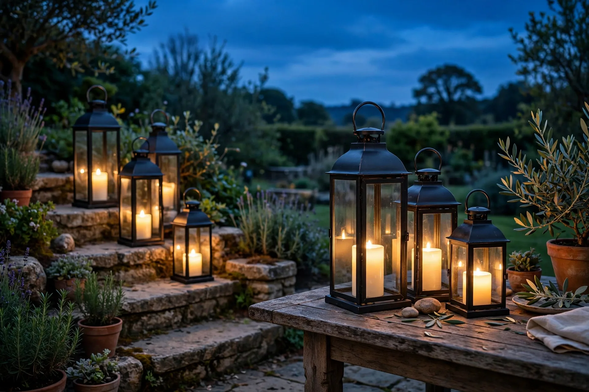 Cluster of metal and glass lanterns with LED candles glowing on garden steps at dusk.