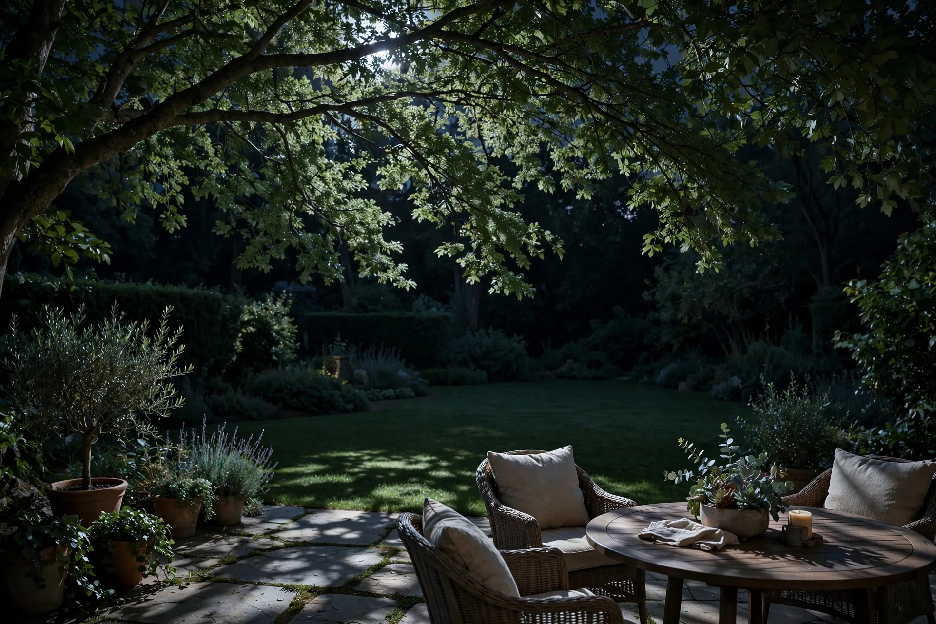 Soft dappled moonlight-effect glow filtering through tree branches onto a patio at night.