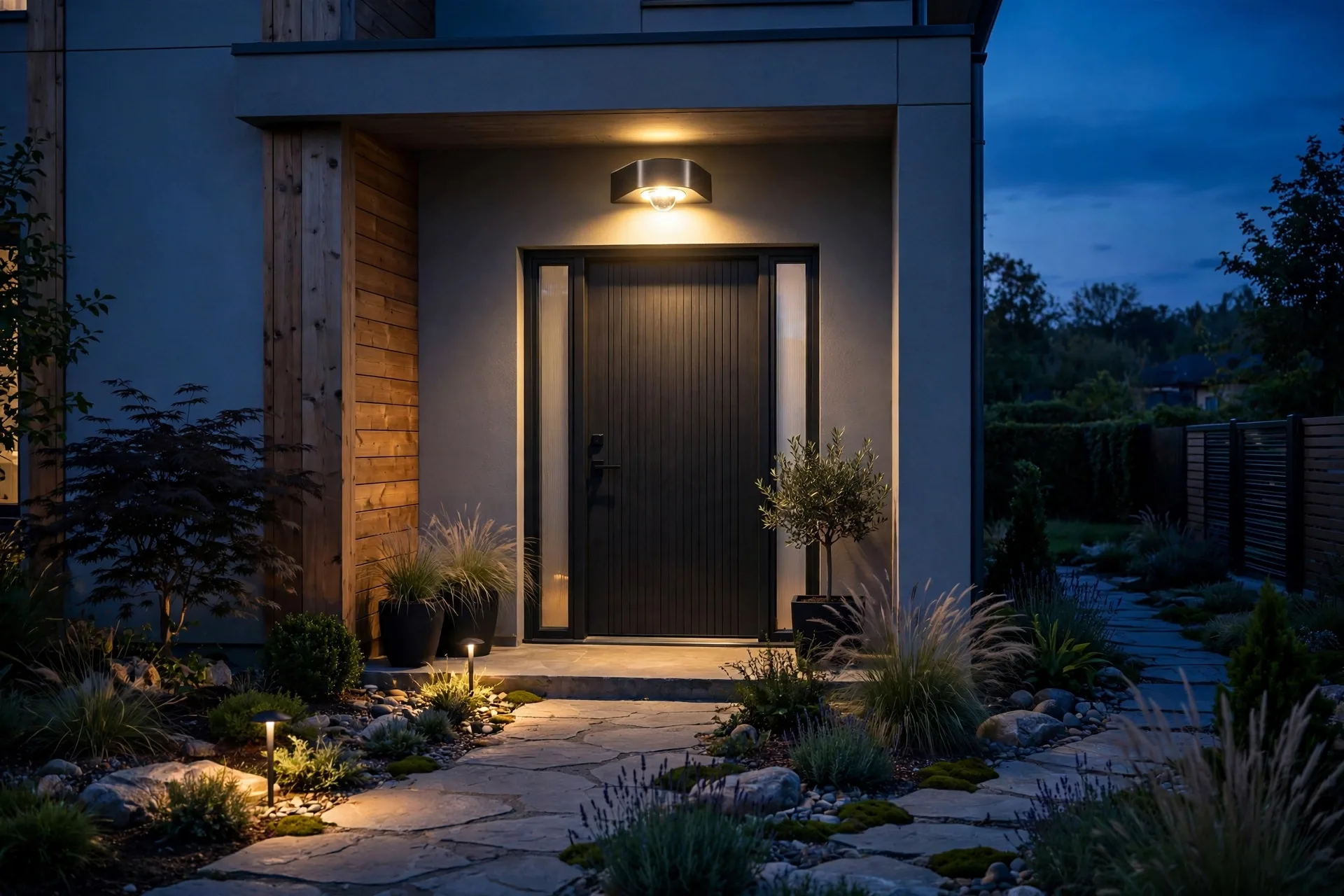 Motion-sensor security light glowing above a garden side entryway at night.
