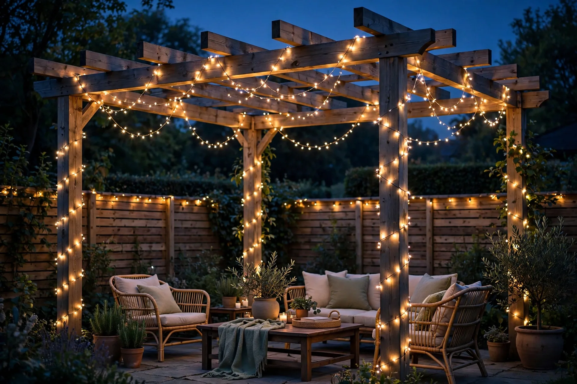 Warm fairy lights wrapped around wooden pergola posts and a fence rail at night.