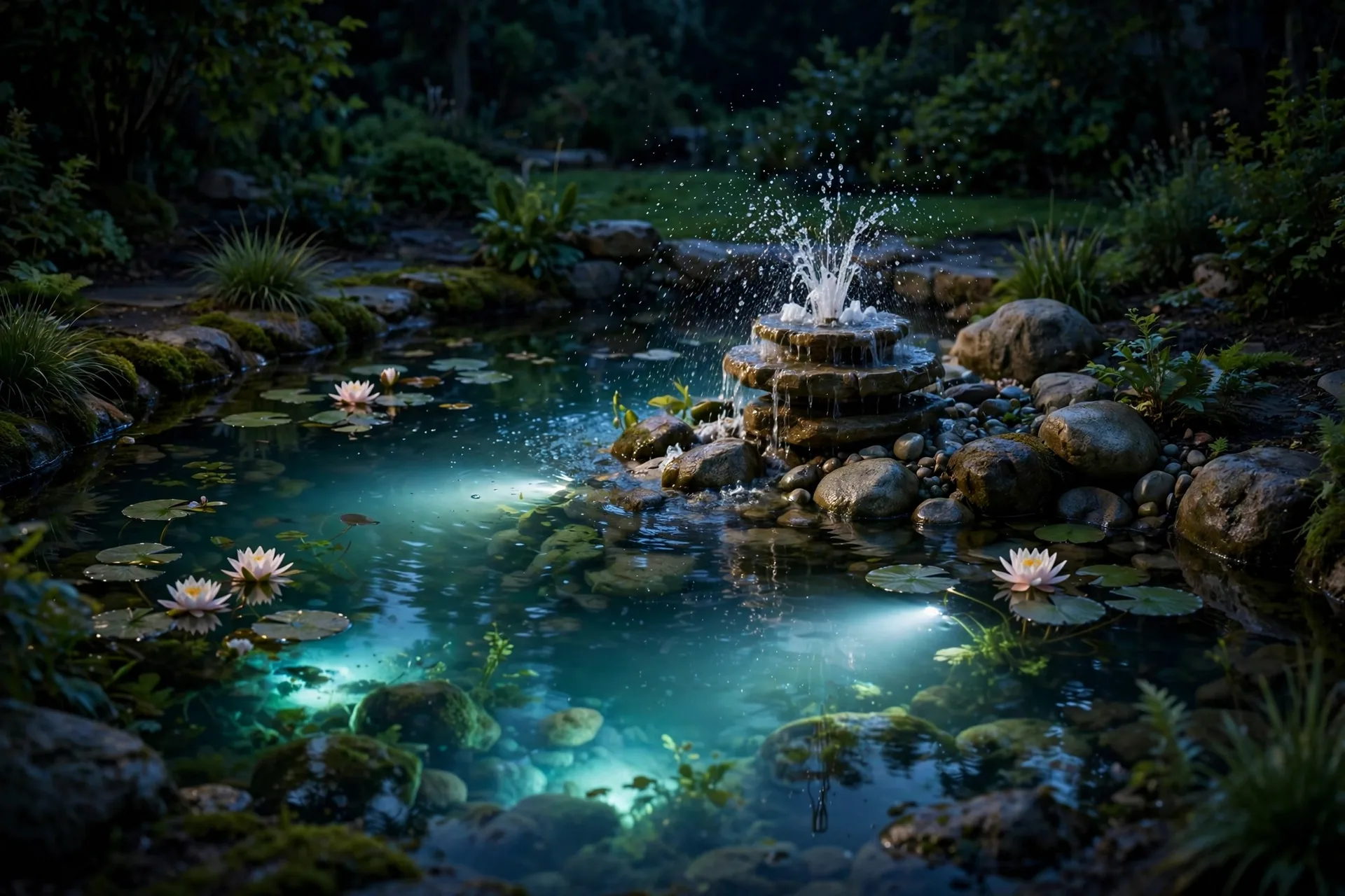 Underwater lighting glowing in a garden pond with a small stone fountain at night.