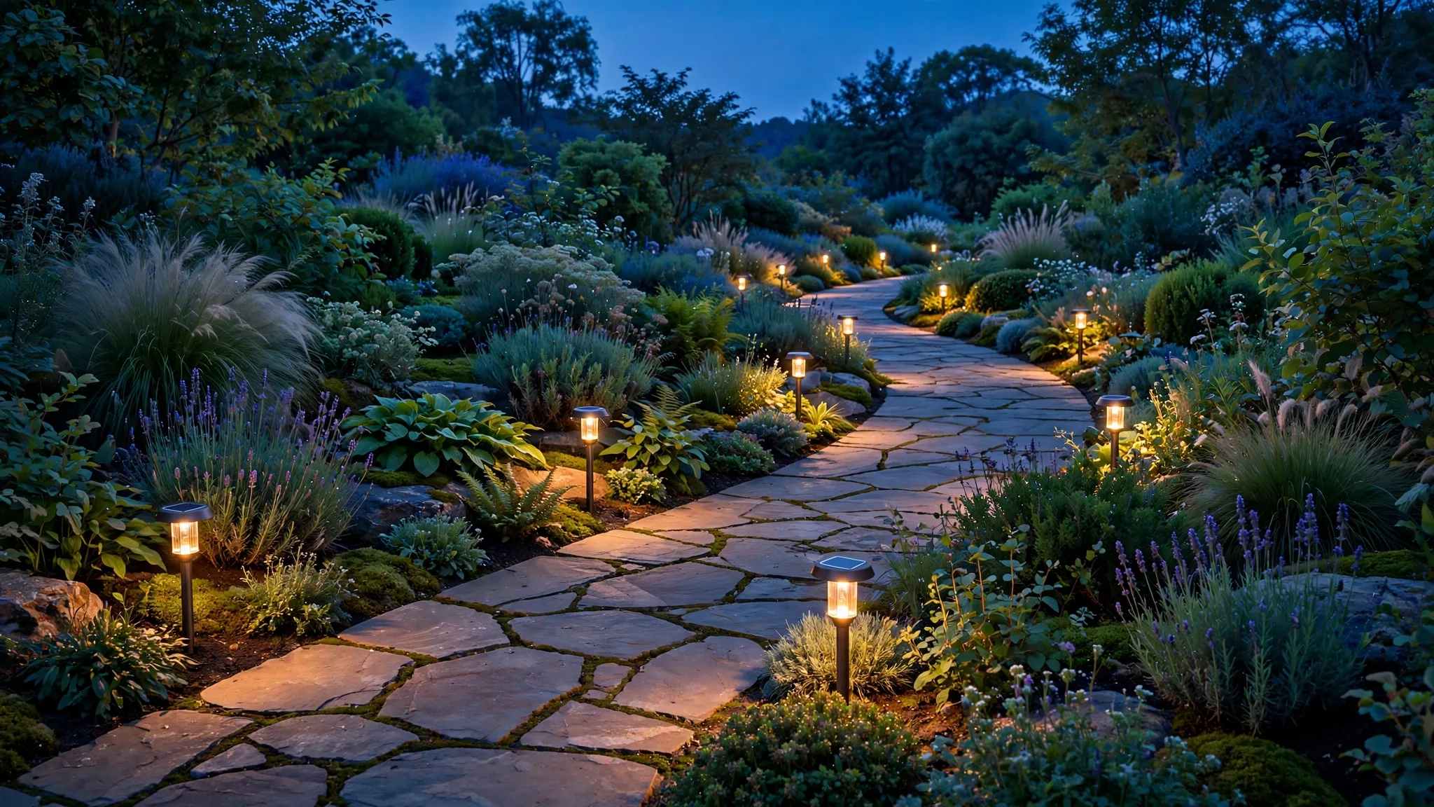 Solar path lights glowing along a curving stone garden walkway at night.