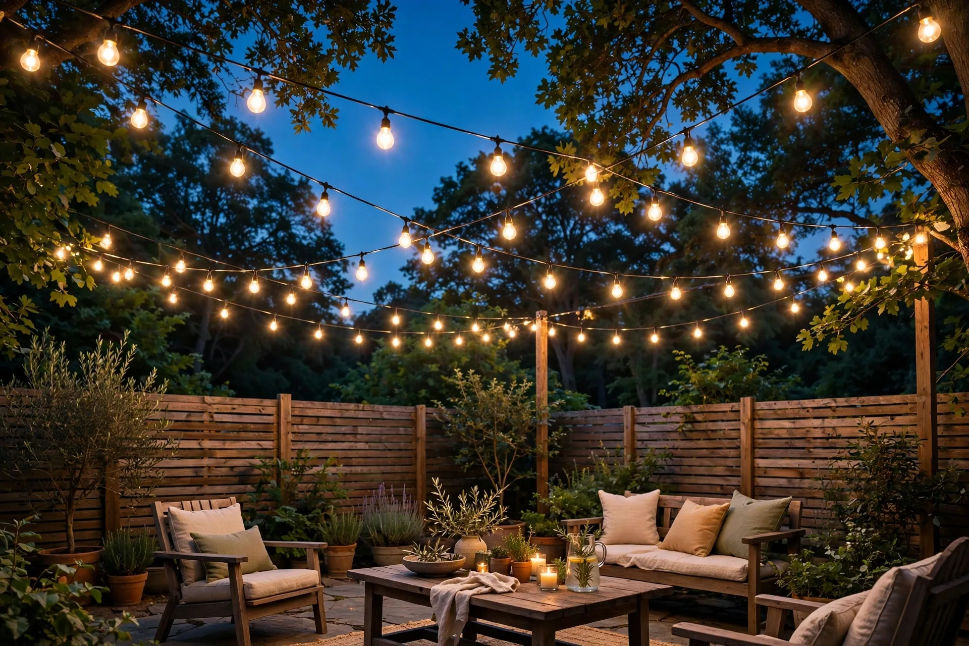 Canopy of warm Edison string lights criss-crossed over a backyard seating area at dusk.