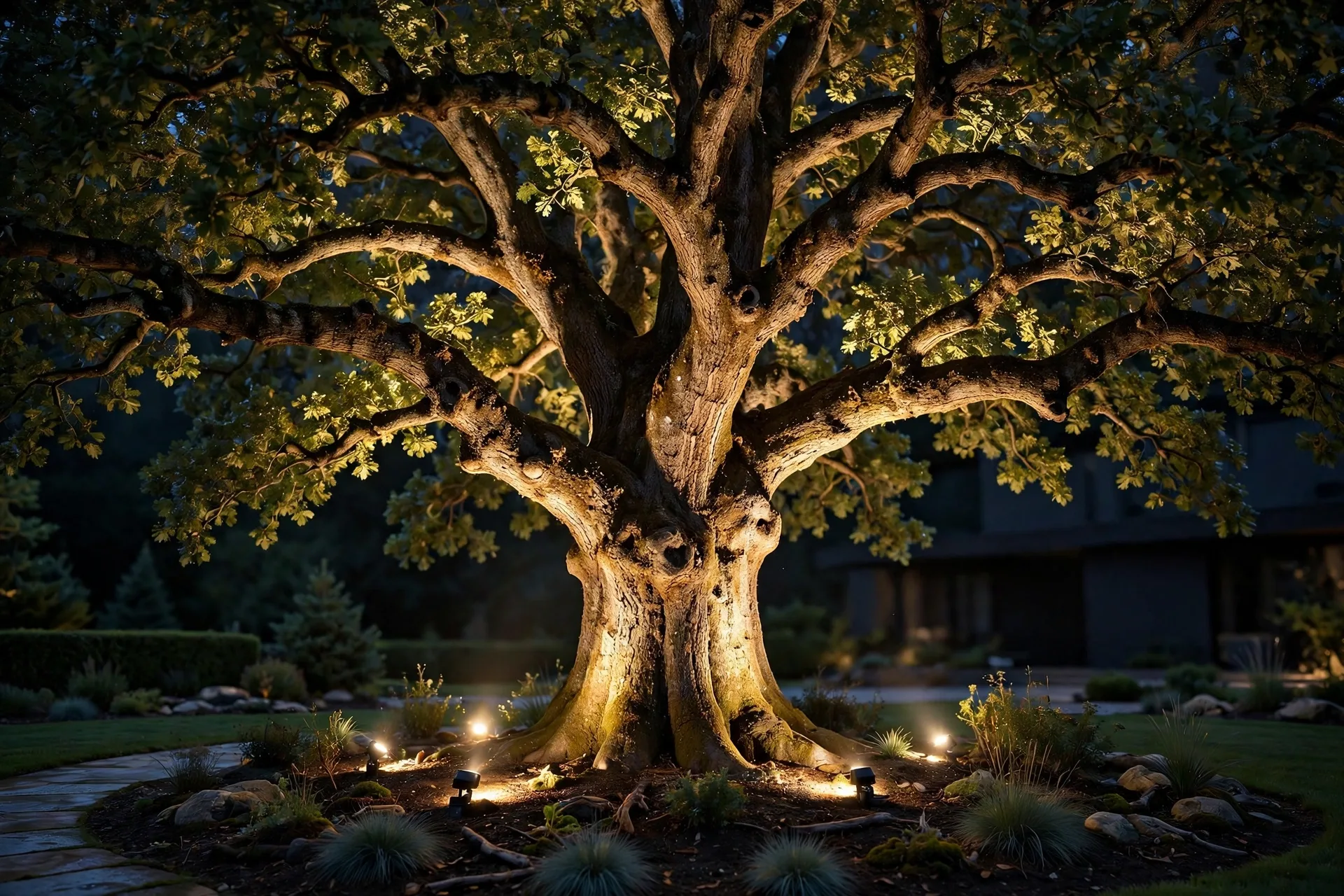 Ground spotlights uplighting a mature tree trunk and canopy in a yard at night.
