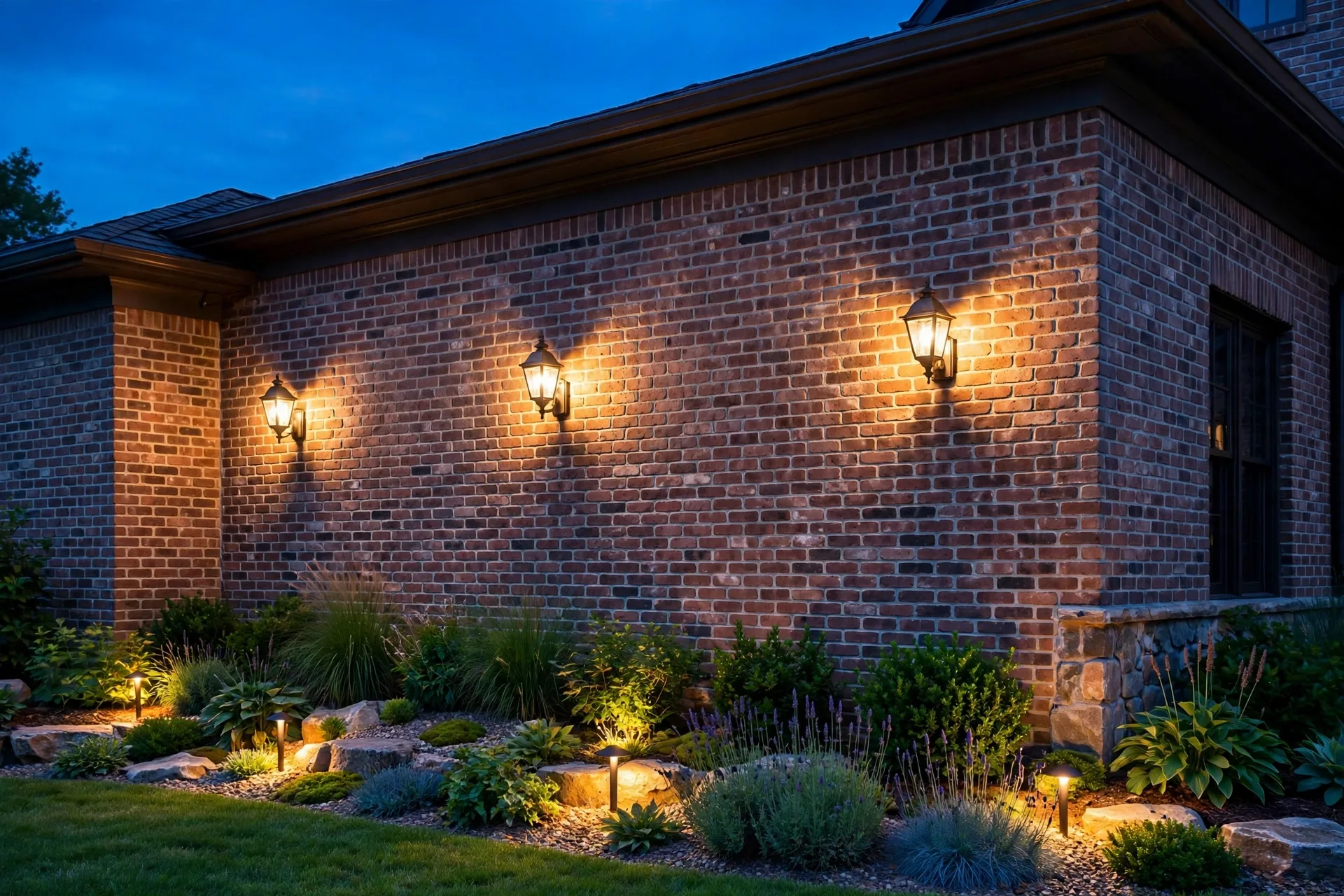 Warm wall sconces washing a brick house exterior wall with golden light at night.