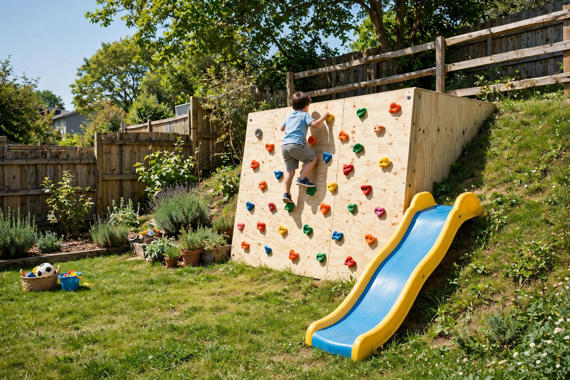 Kids climbing wall with colorful climbing holds on a wooden backyard wall