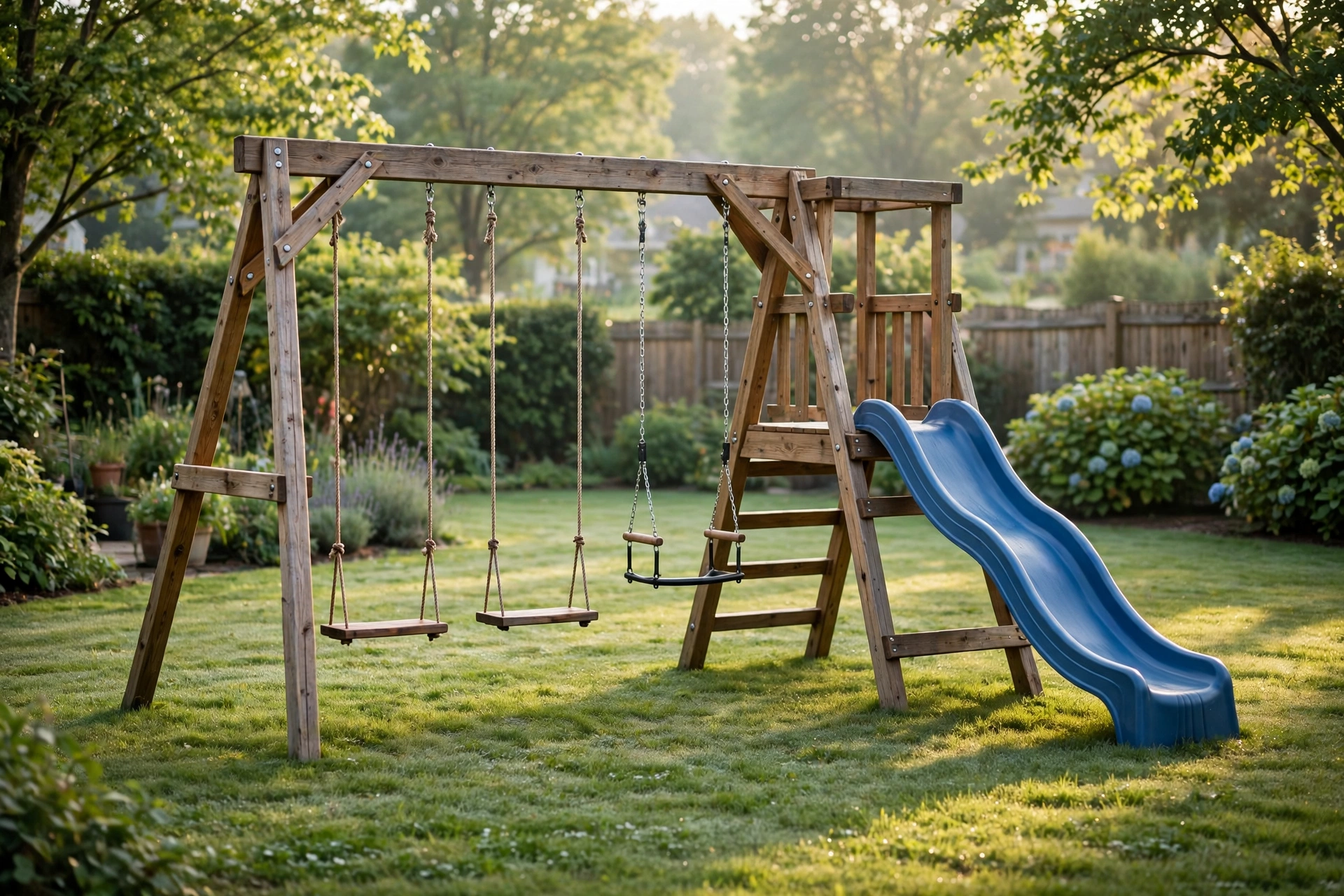 Wooden backyard swing set with two swings and wave slide