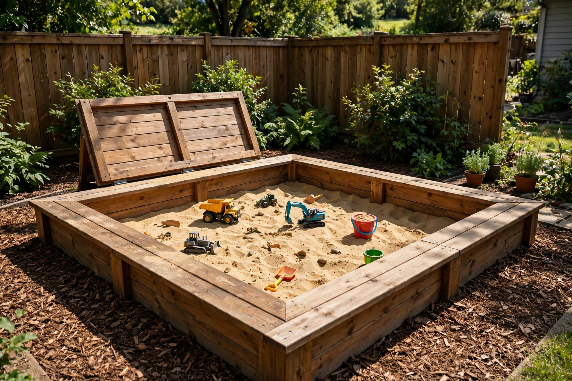 Wooden sandbox with bench seating and children's toys