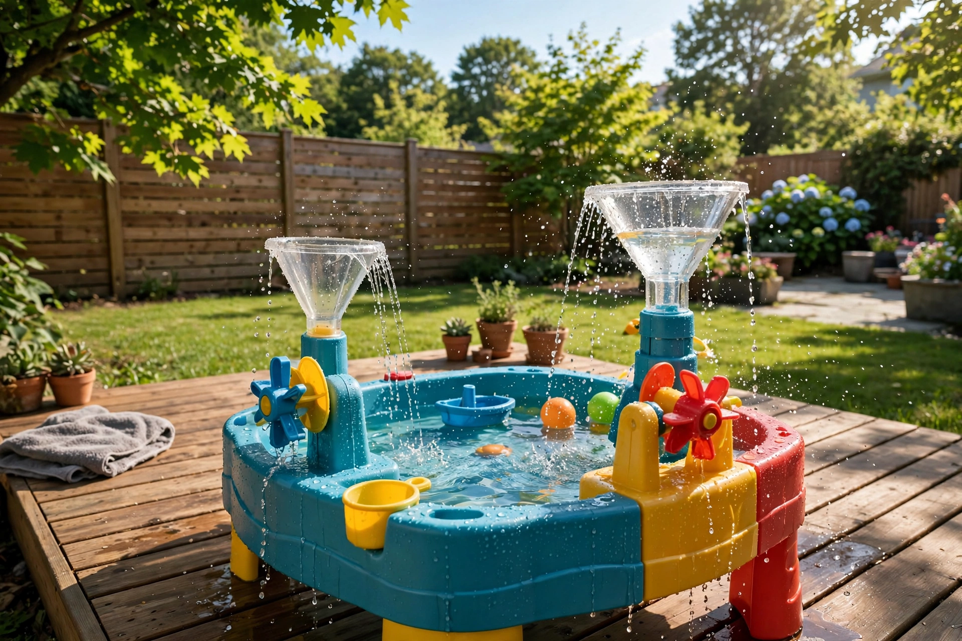 Toddler water play station with water table in backyard
