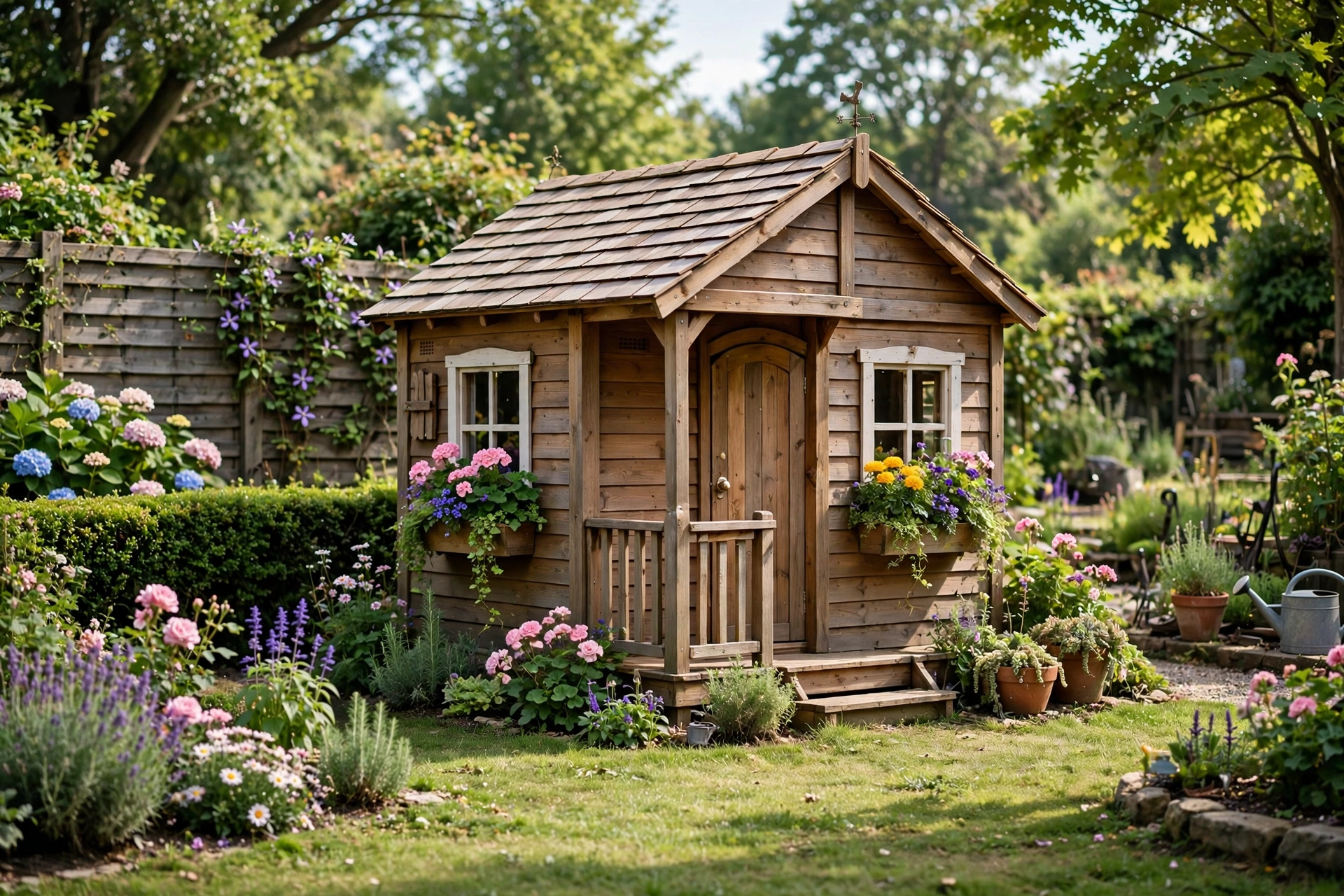 Wooden children's playhouse with porch and flower boxes in garden