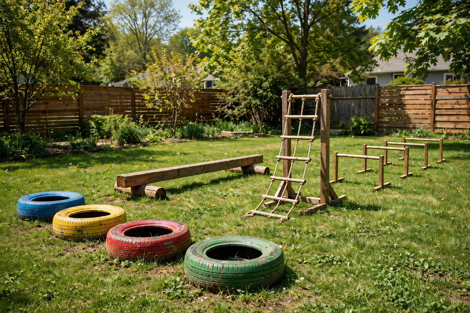 DIY backyard obstacle course with tires, balance beam and hurdles