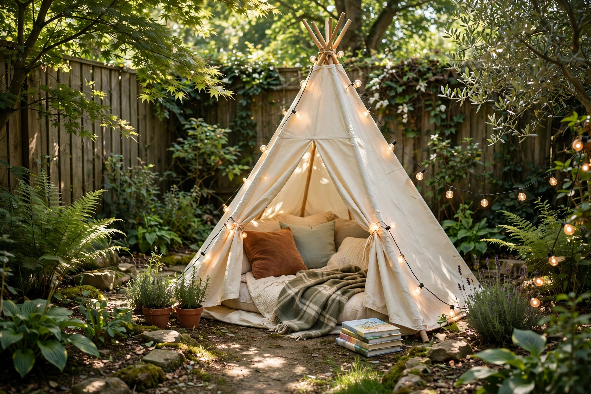 Teepee reading nook with string lights and cushions in garden corner