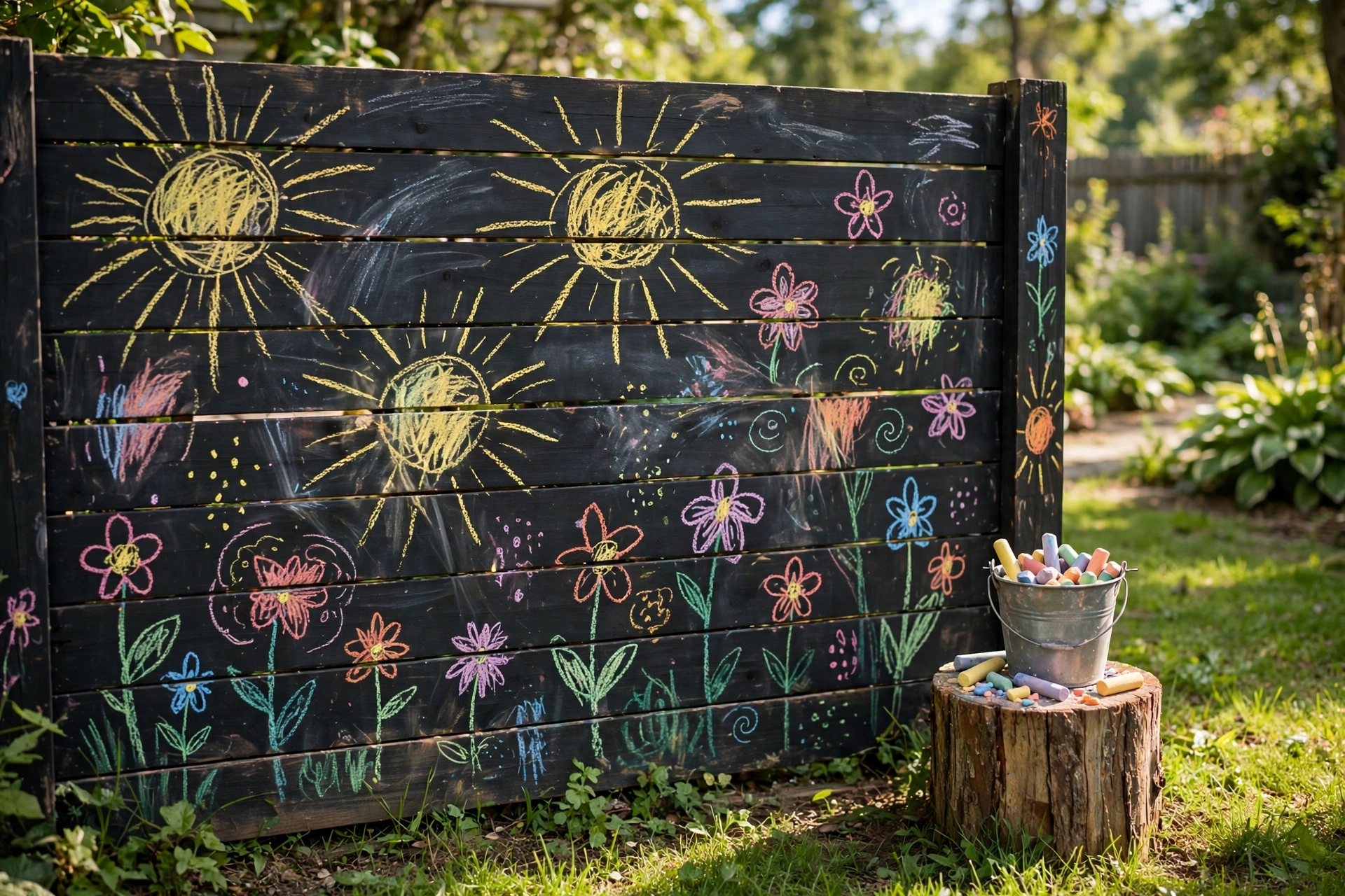 Chalkboard-painted wooden fence with colorful children's chalk drawings