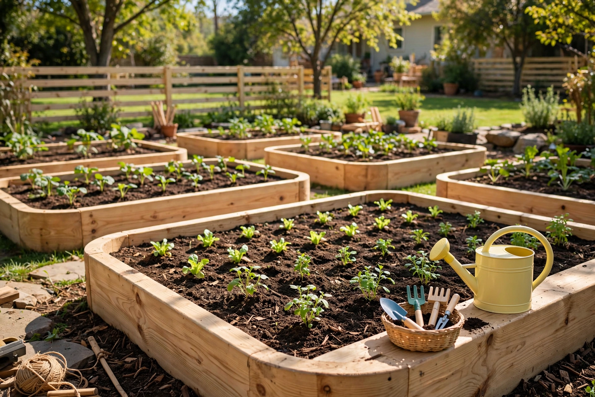 Raised garden beds with seedlings and child-sized gardening tools