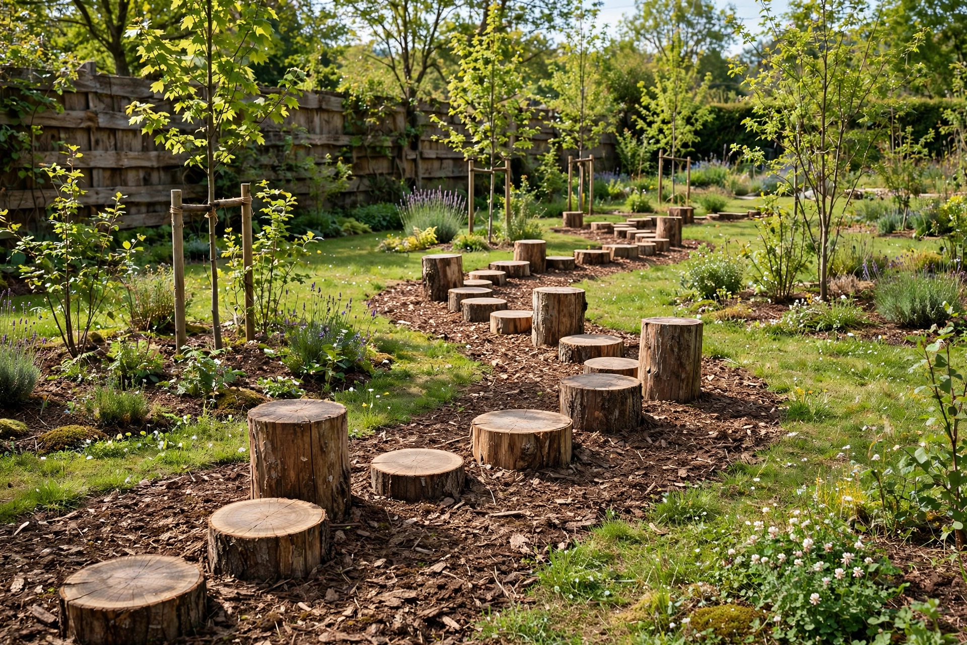 Wooden tree-stump stepping stones balance path in backyard