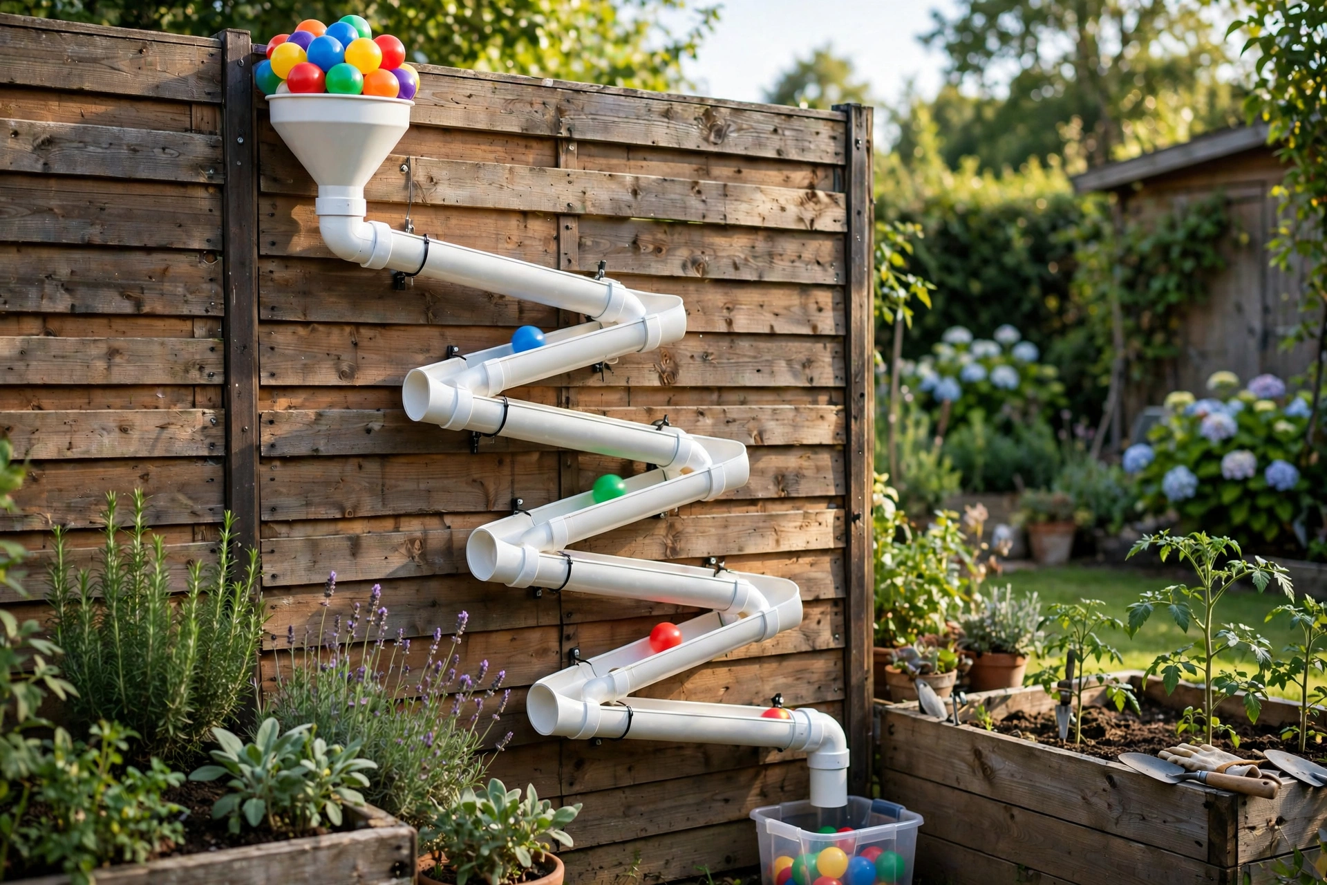 Fence-mounted ball run made from gutter pipes and funnels