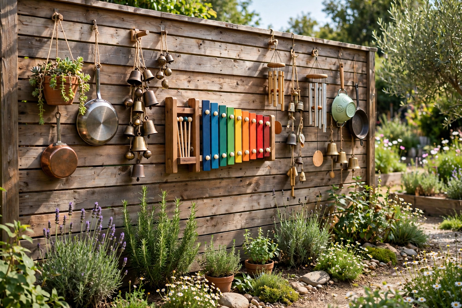 Outdoor music wall with pots, bells and xylophone on wooden fence