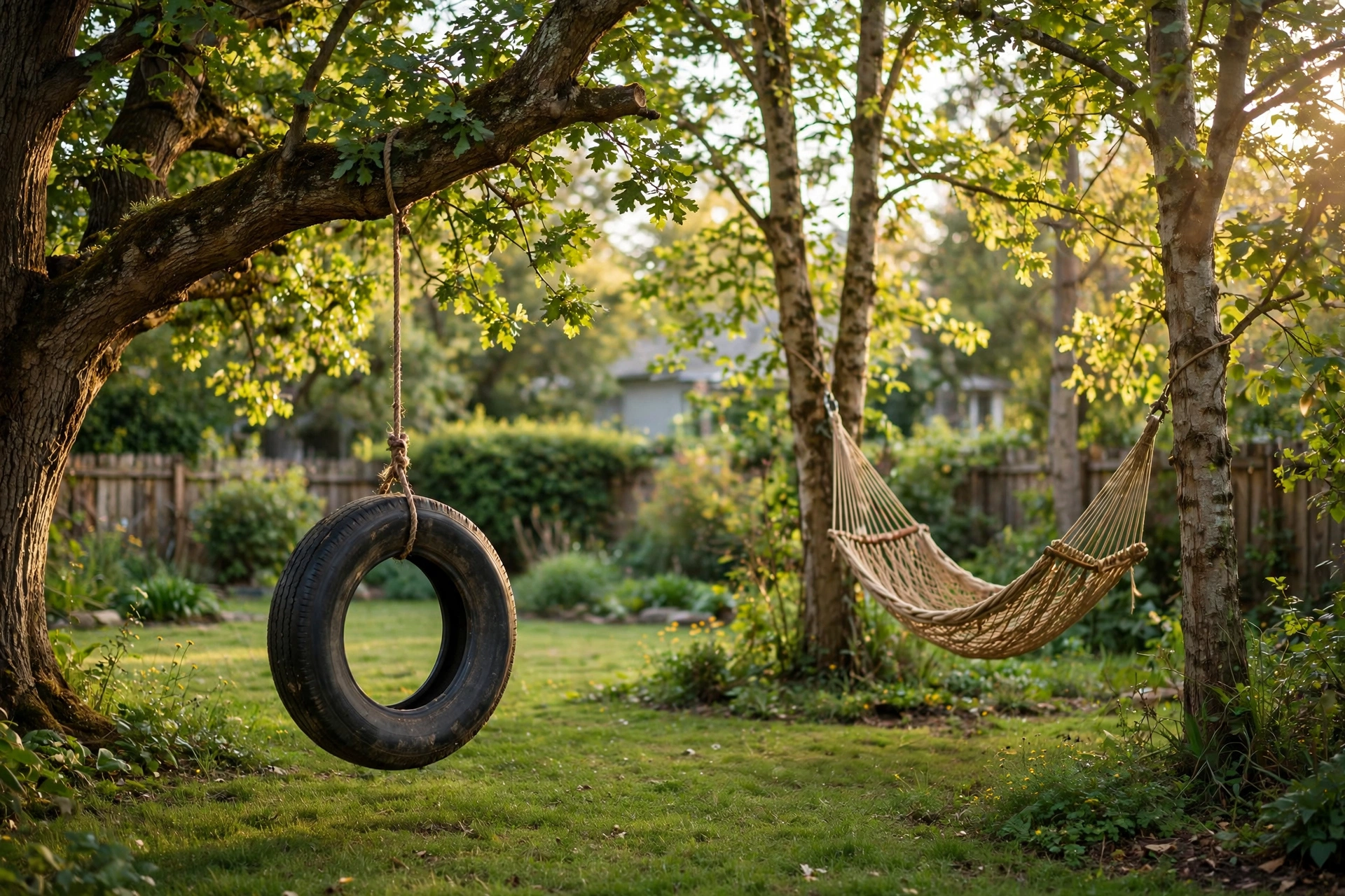 Tire swing hanging from tree branch and rope hammock in backyard