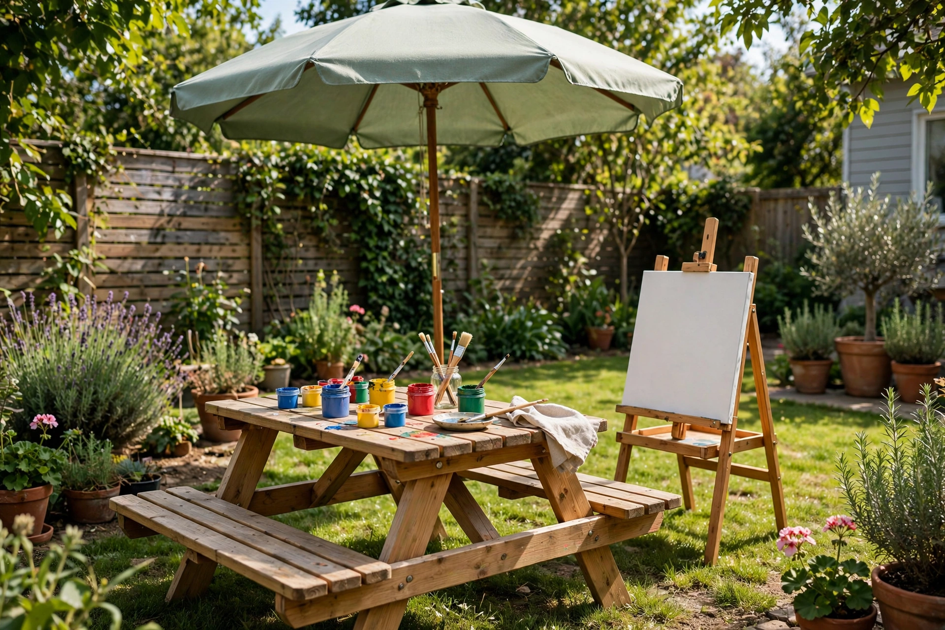 Children's art and picnic corner with easel and picnic table
