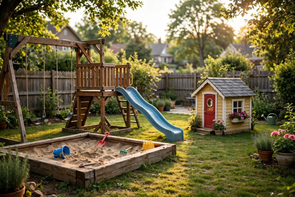 Backyard kids outdoor play area with wooden swing set, slide and sandbox