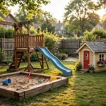 Backyard kids outdoor play area with wooden swing set, slide and sandbox