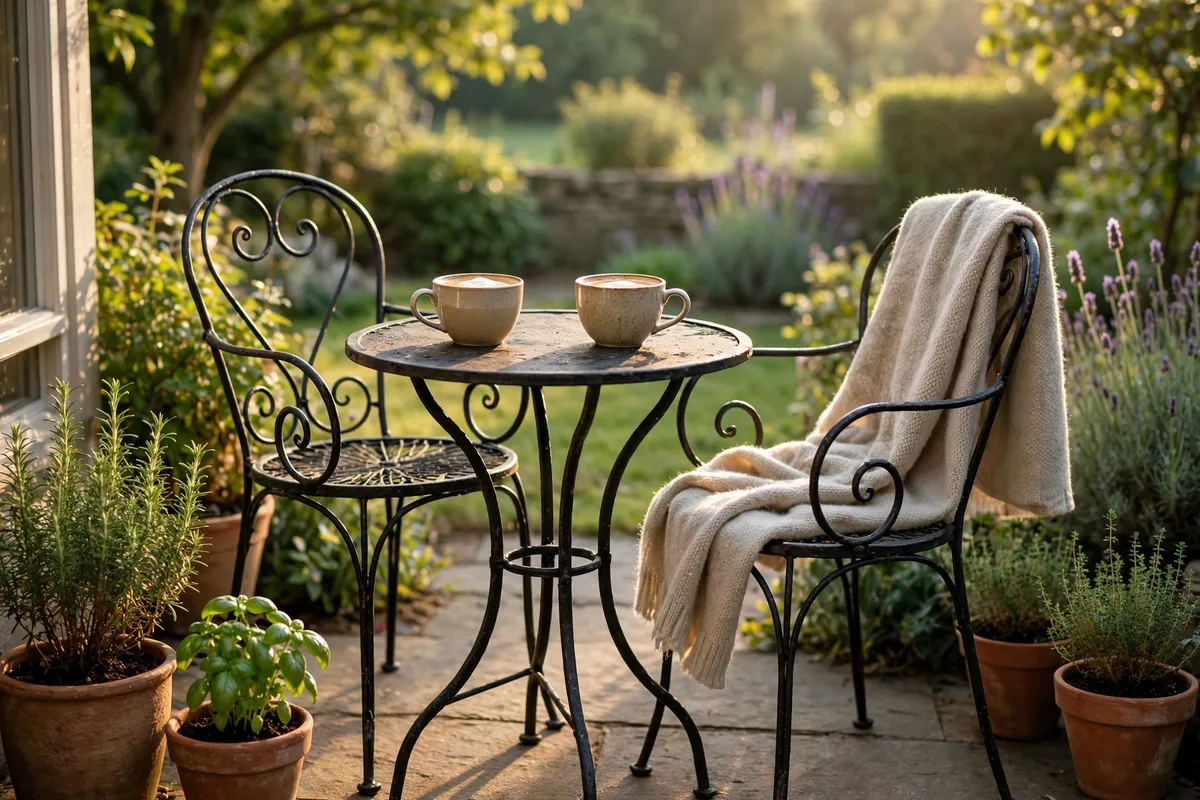 Sunny morning coffee nook with wrought-iron bistro set, coffee cups and potted herbs on a patio