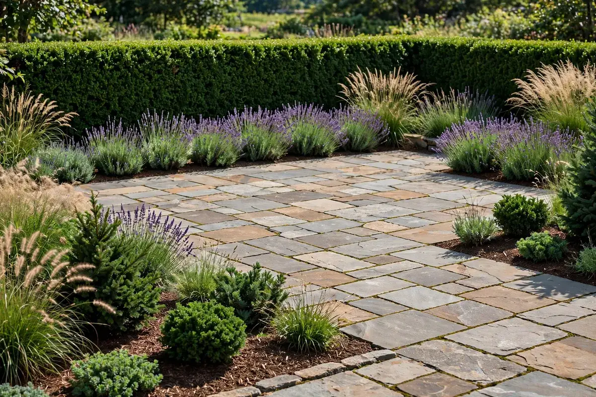 Stone paver patio framed by boxwood hedge, lavender rows and ornamental grasses