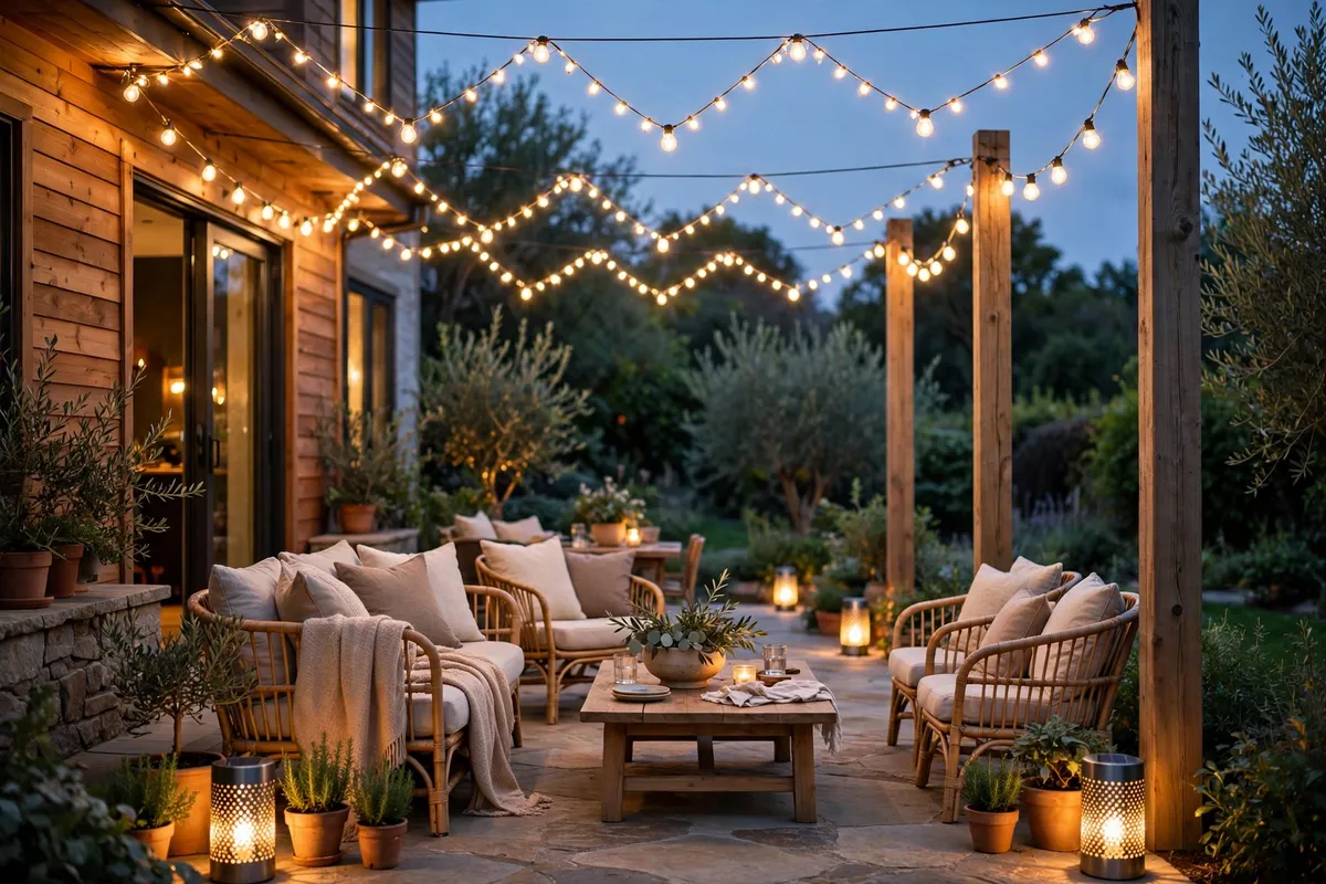 Patio at dusk with warm-white cafe string lights draped overhead above cozy outdoor seating