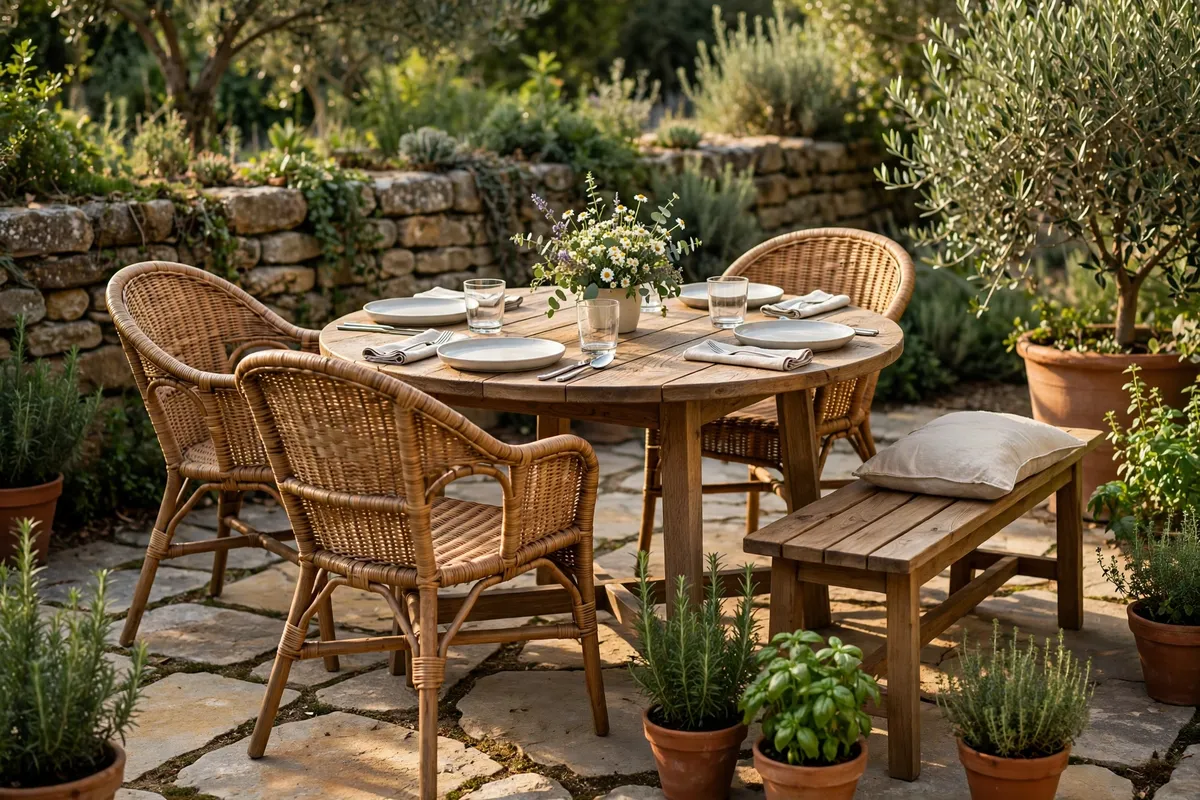 Outdoor dining corner with round wooden table, rattan chairs and bench on a stone patio