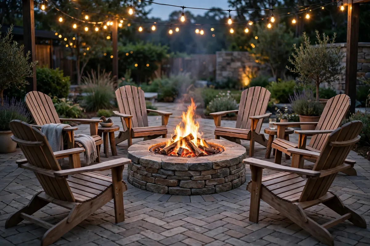 Round stone fire pit with glowing flames surrounded by Adirondack chairs on a paver patio at dusk