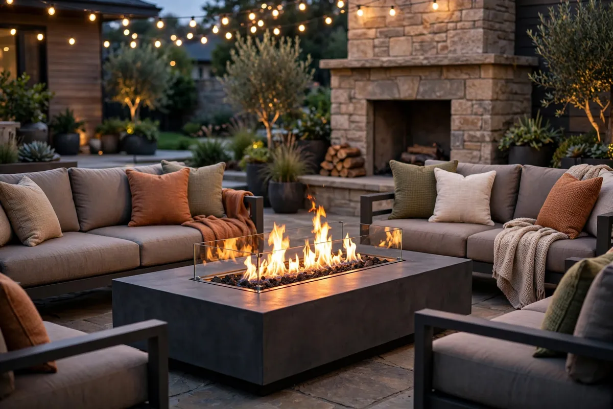 Modern rectangular gas fire table glowing on a patio with outdoor sofas and stone fireplace
