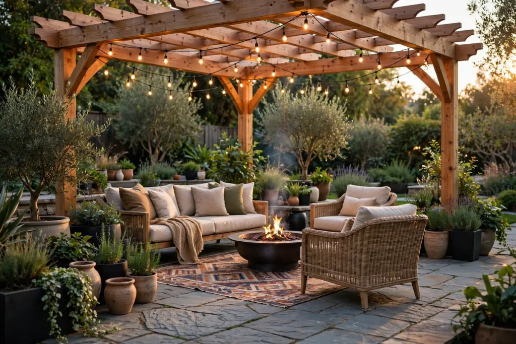 Backyard patio at golden hour with cedar pergola, string lights, outdoor sofa and fire pit