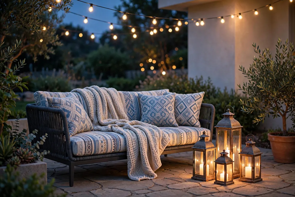Patio corner at dusk with glowing lanterns, patterned cushions and draped outdoor throw