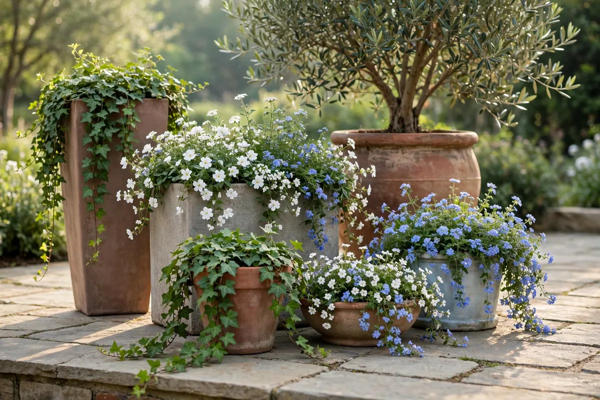 Layered group of planters with olive tree, ivy and white and blue flowers on a stone patio