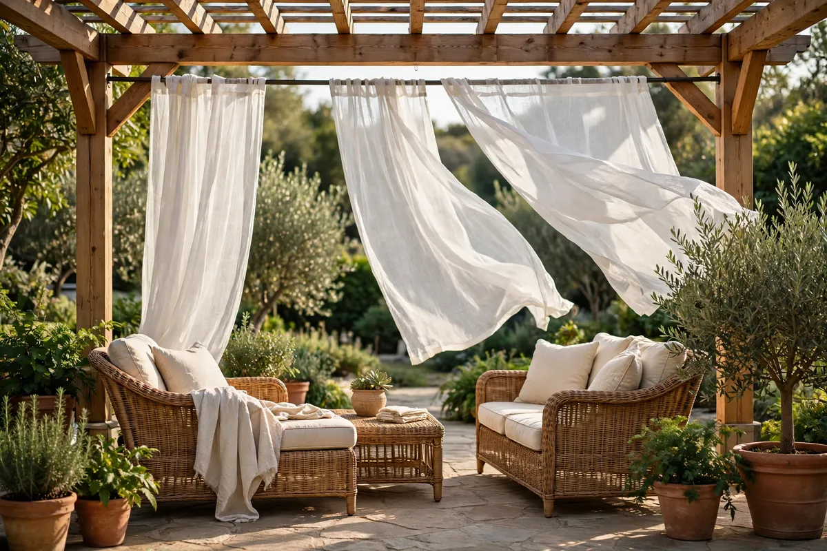 White sheer outdoor curtains billowing under a wooden pergola over a wicker patio lounge set