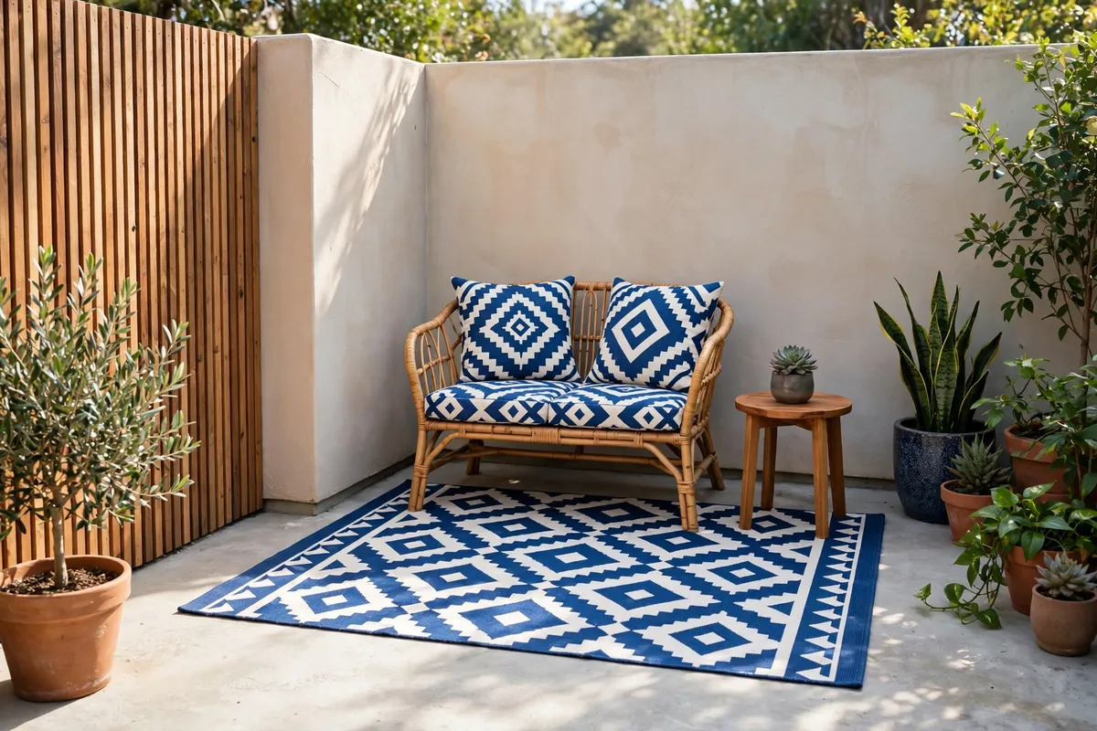 Small concrete patio styled with a bold blue geometric outdoor rug and rattan loveseat