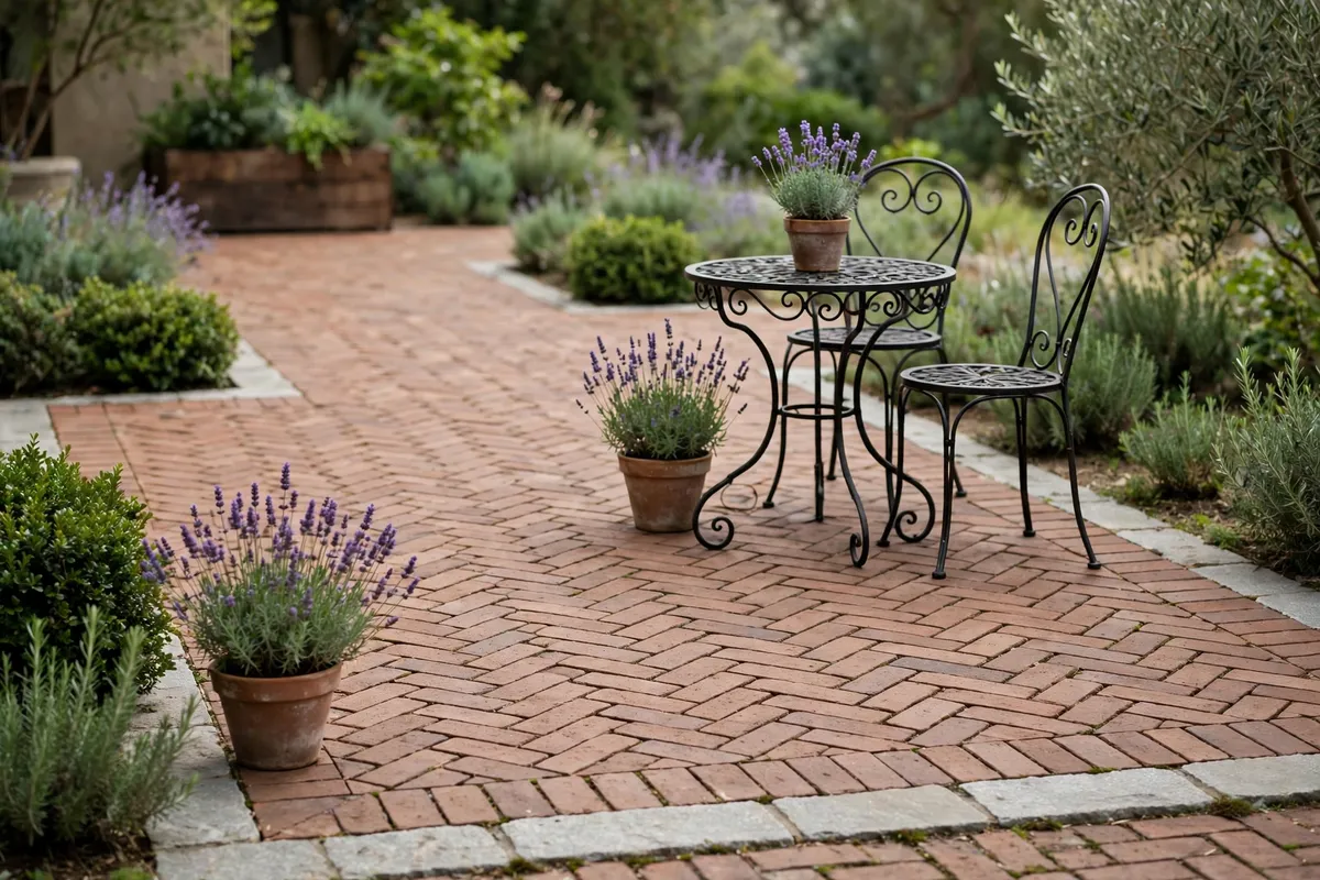 Brick paver patio laid in a herringbone pattern with stone border and wrought-iron bistro set